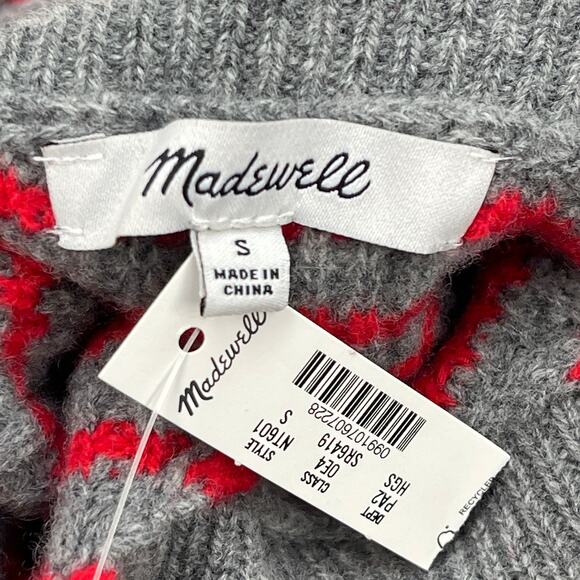 Madewell Wool Waffle Knit Turtleneck Sz S New $118 Grey Red Stripe Crop Sweater - Picture 6 of 8